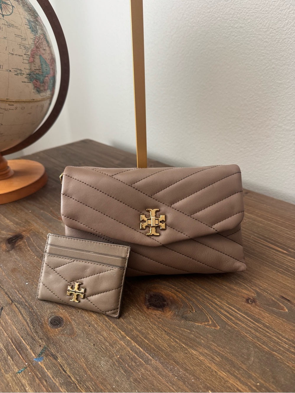 Tory Burch Kira Chevron Small Shoulder Bag + Card Case Gray Heron